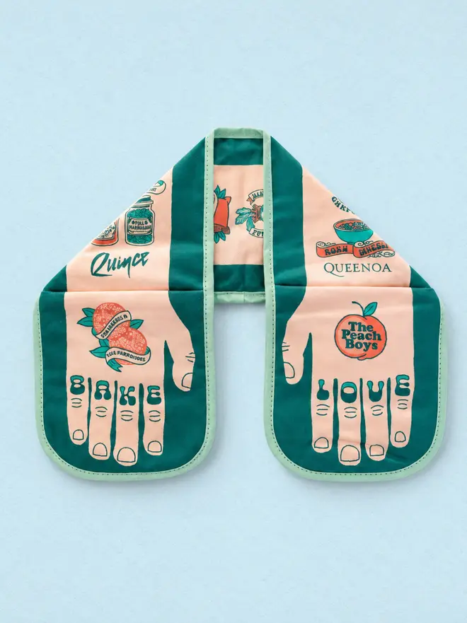  Bake Love Double Oven Glove, against a blue background. 