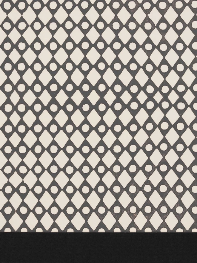Retro Drum Lampshade. Close-up of a hand block printed lampshade showing a bold repeating geometric pattern. The colourful printed design and neat trim bring character and a handcrafted finish to any lamp.