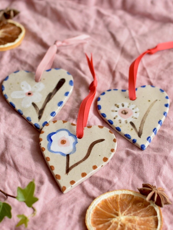 Ceramic heart shaped decorations for tree