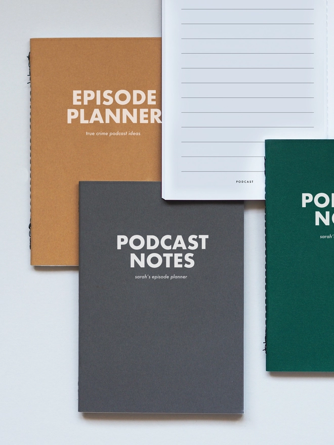 Three pocket notebooks with personalised text in grey, green and gold. The text says podcast notes.