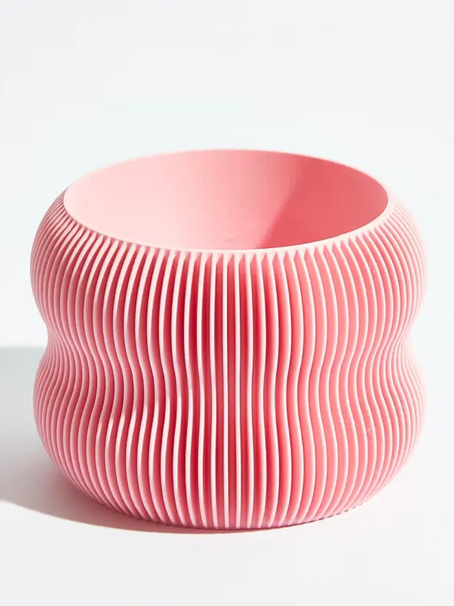 Sustainable 3D Printed Sakura Pink Plant Pot, bubble design, against a white background.