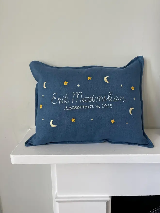 Personalised Handmade Embroidered Linen Cushion, blue personalised cushion with name. 