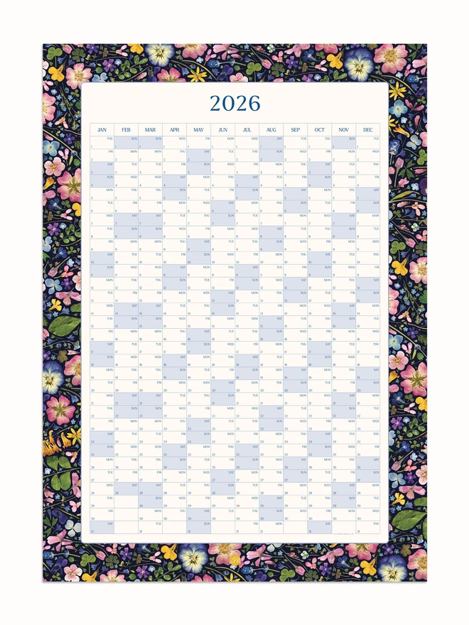 Pressed flower year wall planner. A 2026 calendar with a pretty floral design. Perfect for the home office or studio.