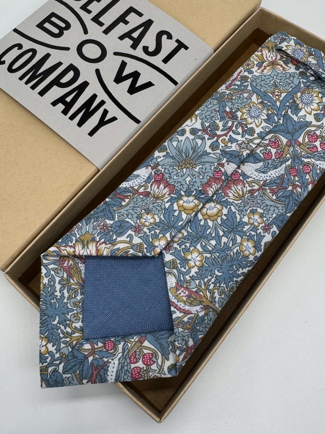 Light Blue Strawberry Thief Tie handmade by the Belfast Bow Company