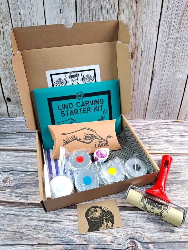 Lino stamp carving and printing kit with three projects and illustrated guides