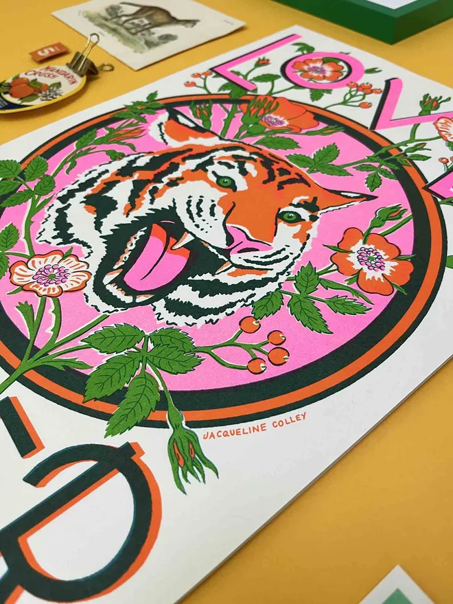 Tiger and Rose Risograph print with text reading Love is Power