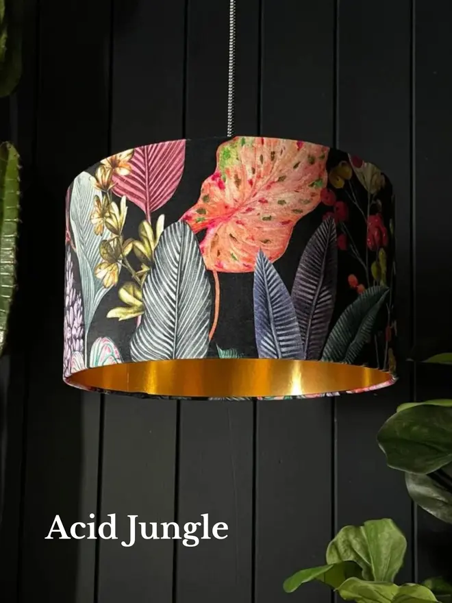 Acid Jungle velvet lampshade with vivid tropical leaves and gold lining