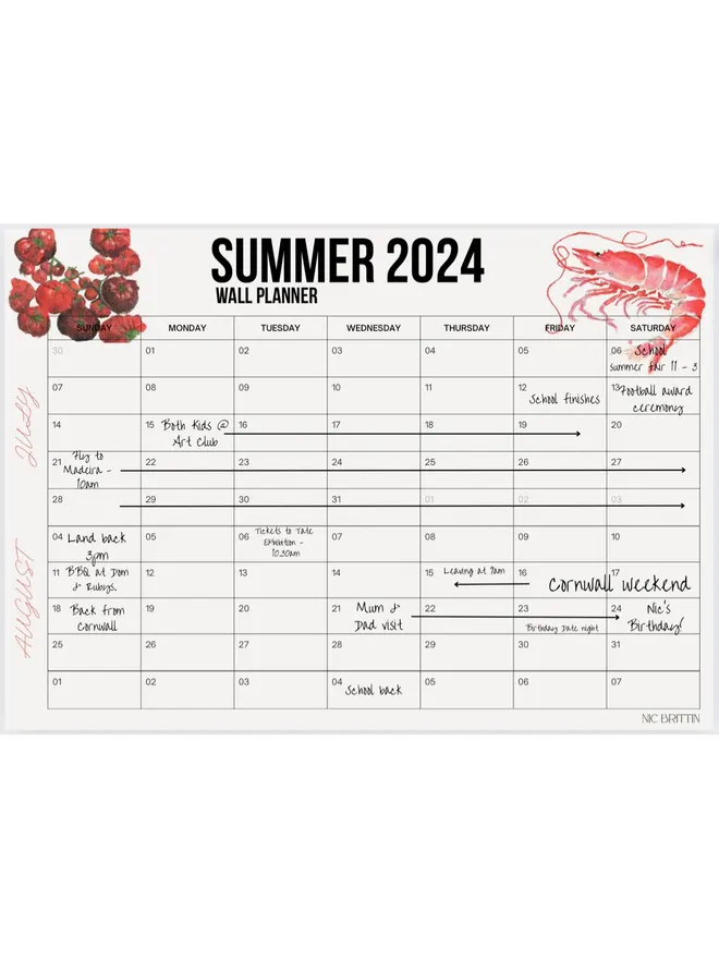 Summer 2024 wall planner calendar 