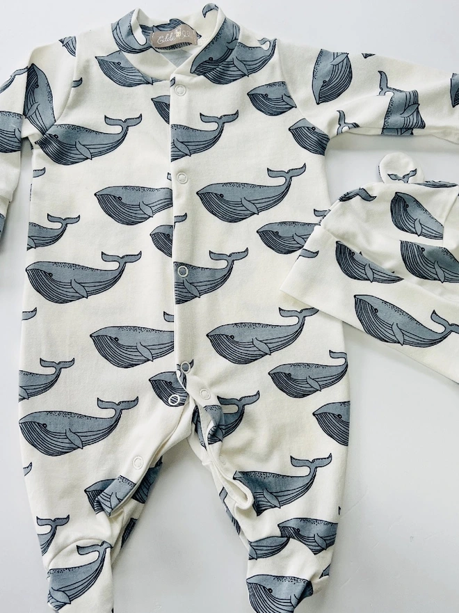 Cream 'Whale' Organic Cotton Baby Sleep Suit