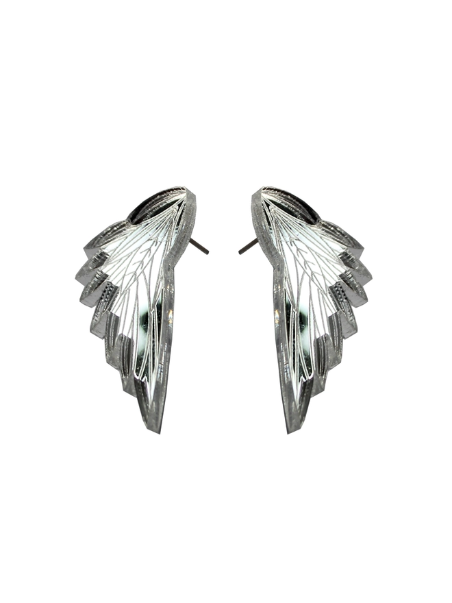 Wing structured Earrings made from silver acrylic with intricate etchings.