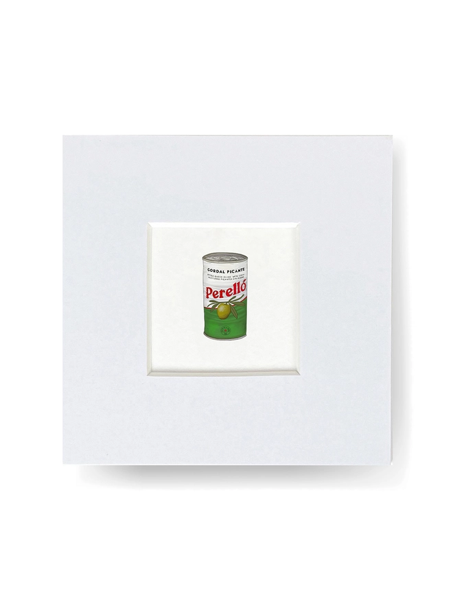 Food-inspired mini art print in a white paper mount, featuring an illustration of a Perello Olives tin. A stylish design perfect for food lovers and collectors of  food packaging art.