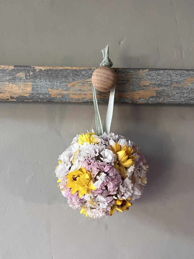 Handmade Dried Flower Bauble – Yellow & Pink Floral Hanging Decoration