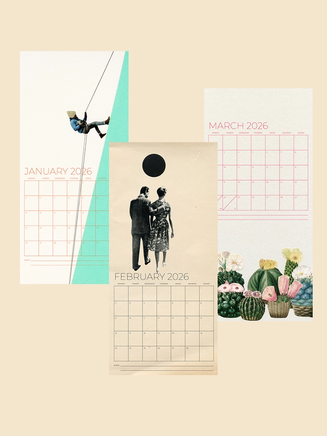 Three pages of a 2026 slim wall calendar.