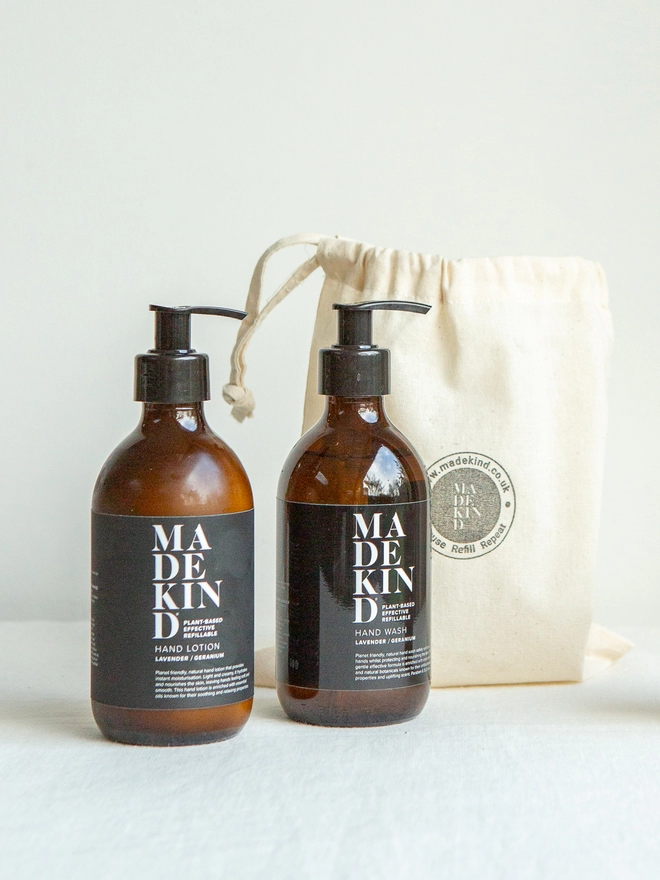 Aromatherapy hand wash and hand lotion as a gift set with cotton drawstring gift bag