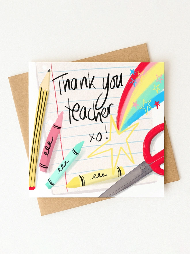 Rainbow and Crayons 'Thank You Teacher' Card 