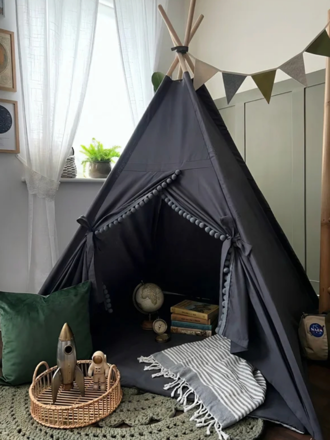 Personalised Dark Grey Teepee. A dark grey teepee in a playroom.