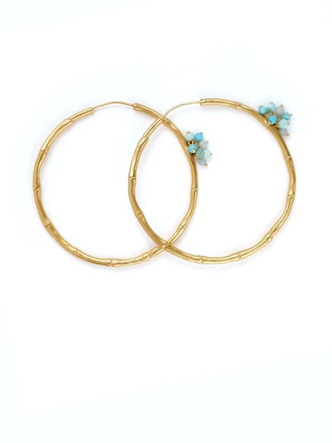 Gold Vermeil Bamboo Hoops with turquoise blue gemstone bead baubles, large