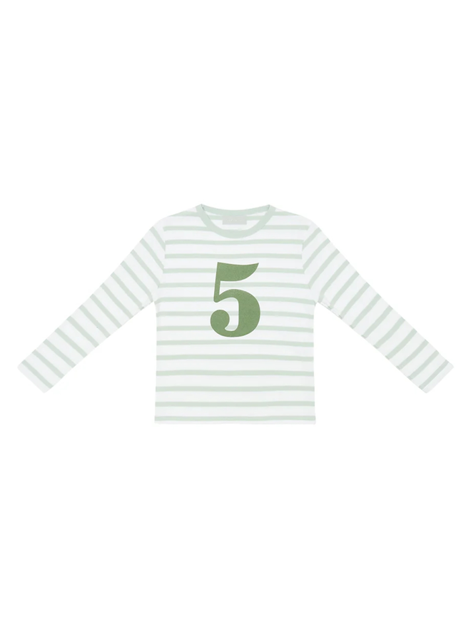 Powder Blue & White Breton Striped Number 5 T Shirt