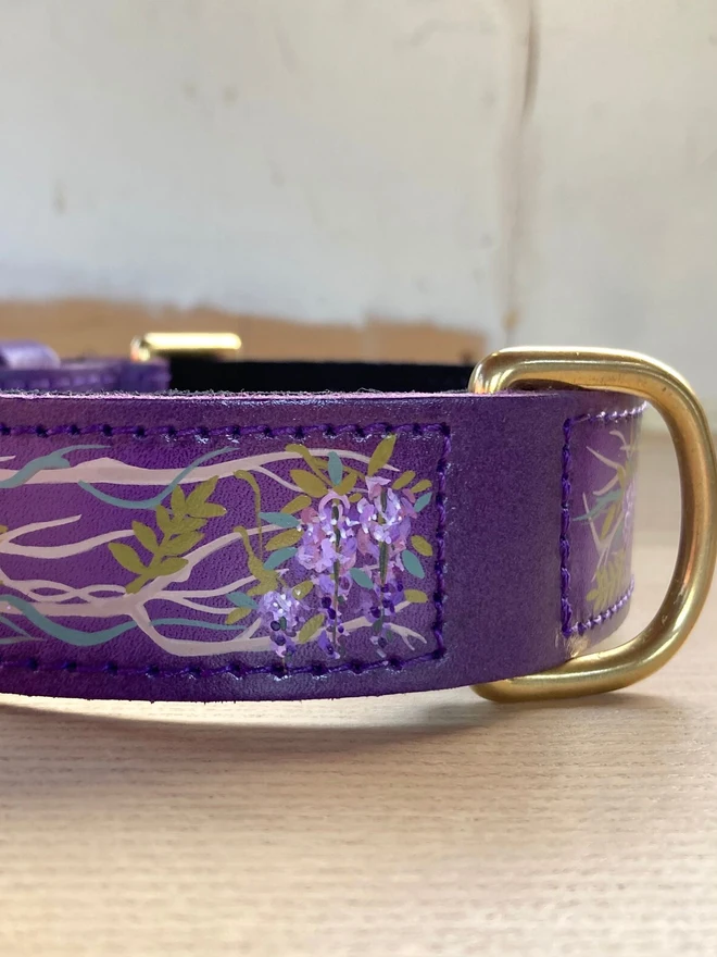 purple hand painted floral leather dog collar