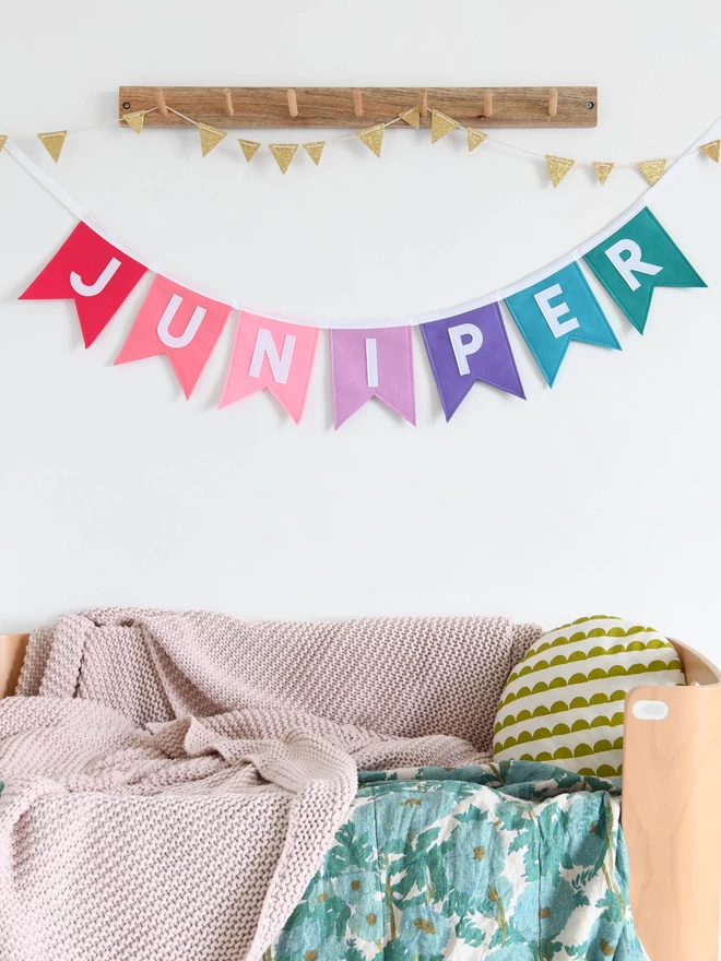 pink and purple name bunting.