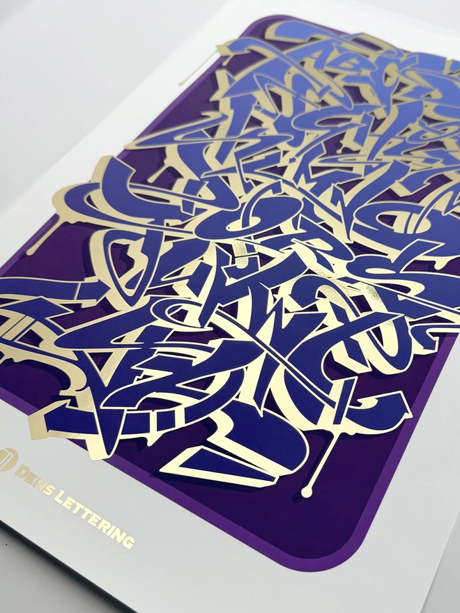 Blue And Purple Graffiti Alphabet Metallic Gold Foil Print, close-up. 