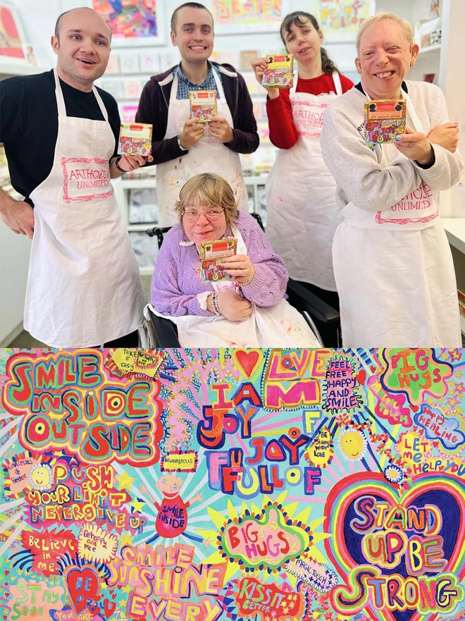 5 happy artist holding a bright coloured bags of charity full of joy chocolate buttons, perfect gift