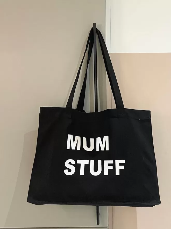 Black mum stuff bag with white lettering