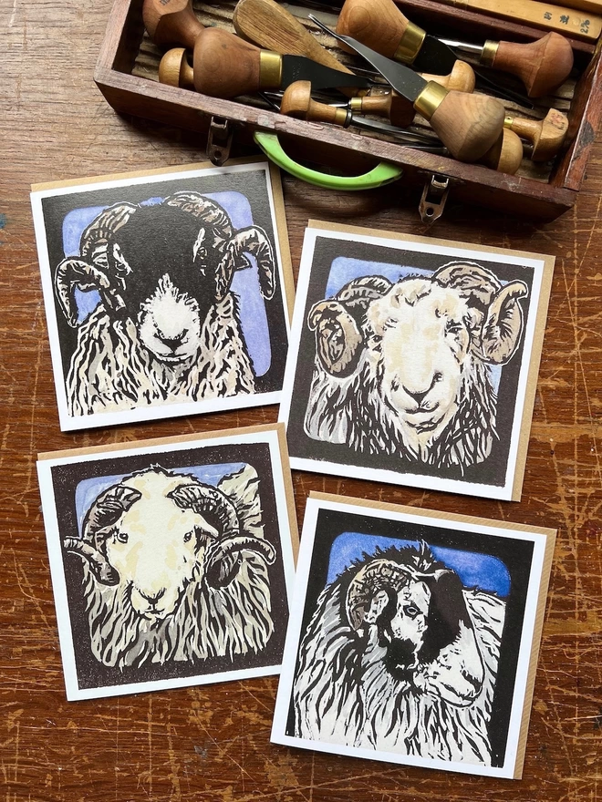 four sheep art cards, two swaledale and two herdwick