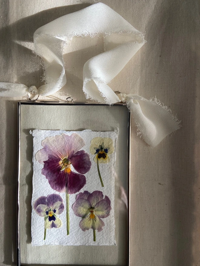 Glass hanging frame with pressed pansy flowers and ivory chiffon ribbon 