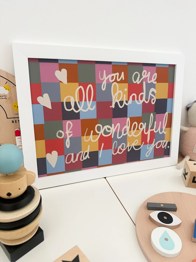 Positive Affirmation Print - you are wonderful and I love you. To show love to your child - a kids wall art print to hang on their bedroom, playroom or nursery wall. 