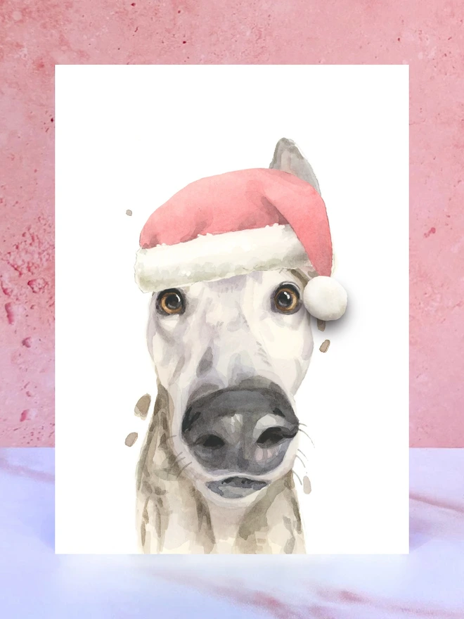 dog greyhound santa hat pompom christmas card