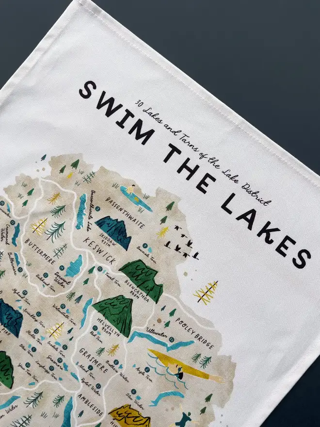 lake district swimming map tea towel