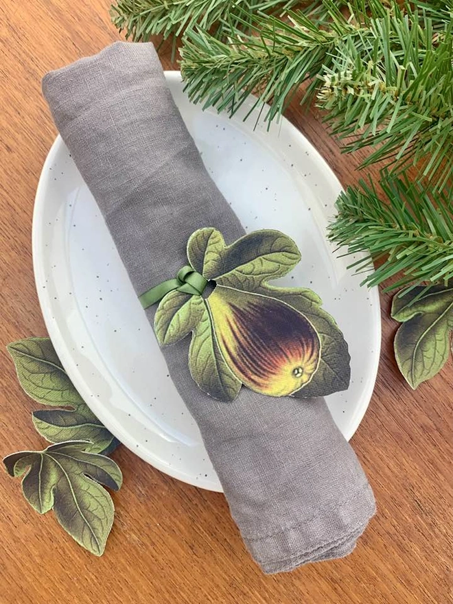 Printed fabric fig botanical napkin tie ring