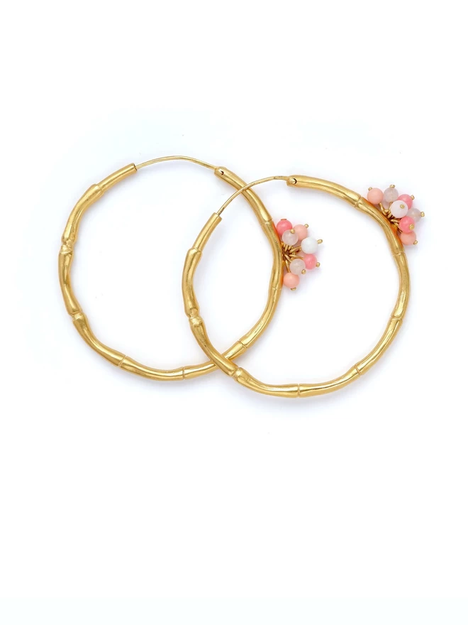 Gold Vermeil Bamboo Hoops with pink gemstone bead baubles, medium