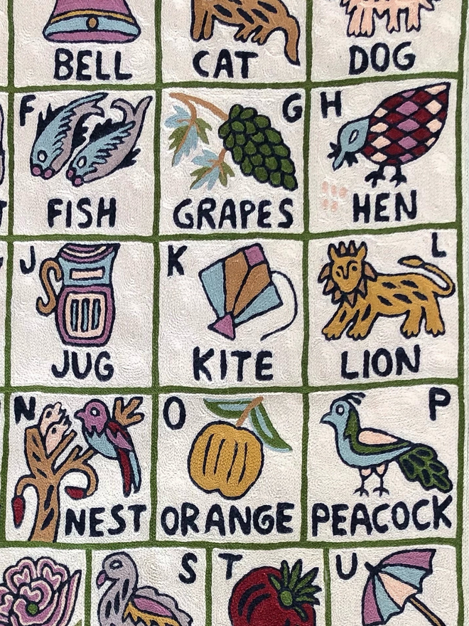 Moppet hand-embroidered alphabet abc tapestry Satsar close up