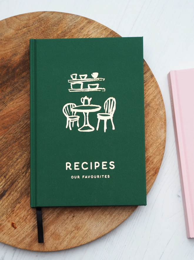 personalised hardcover notebook saying "recipes" "our favourites" in gold foil 