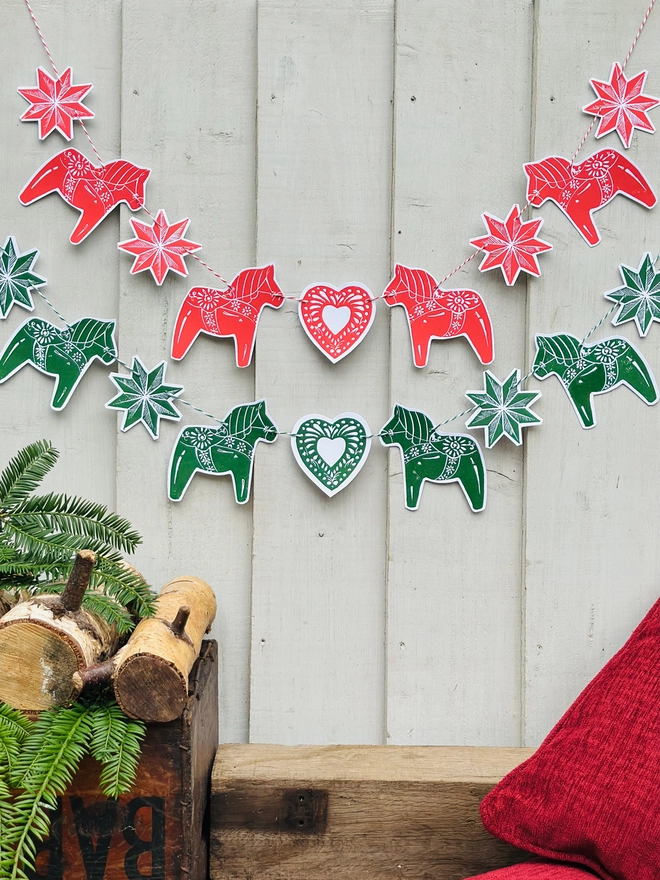 Traditional Nordic Dala Horse Christmas Linocut Garland