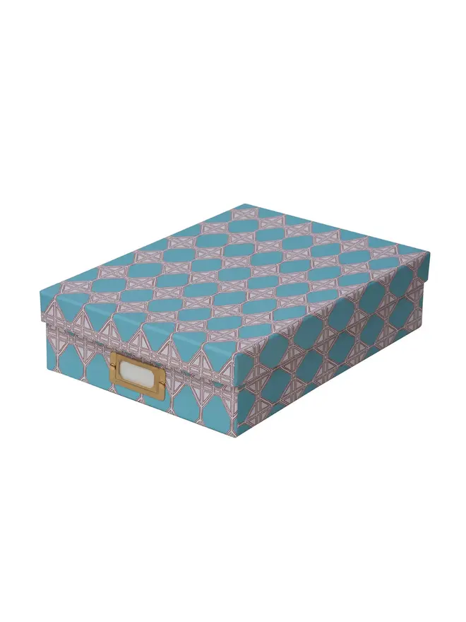 Tijan Lidded Portfolio Box, a colourful portfolio box sitting on a plain surface. 