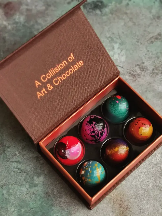 box of 6 colourful chocolate bonbons