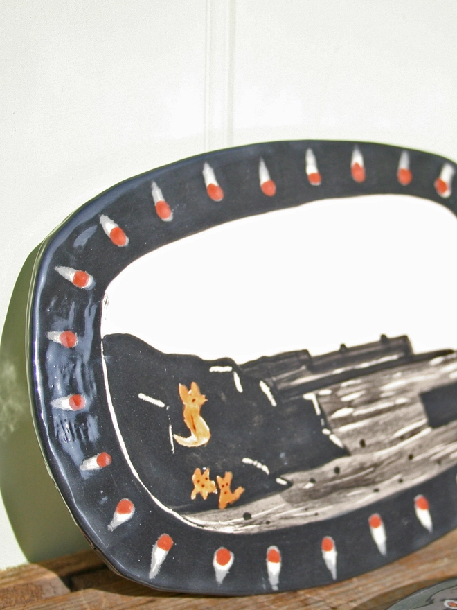 ceramic wall art decorative seaside silhouette of foxy rocks, Captain Netty and Whale  