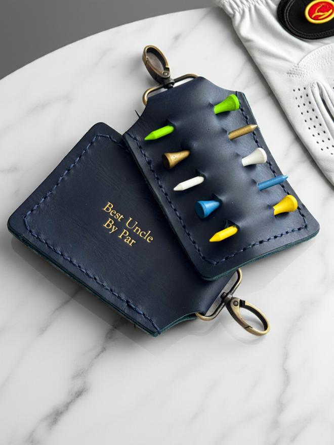Navy blue leather golf tee holder