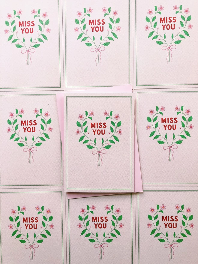 'Miss You' Floral Charity Greeting Card illustrated card in pink green and red