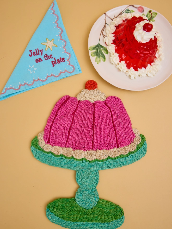 the jacksons London jelly placemat and napkin with embroidered 'jelly on a plate' lettering