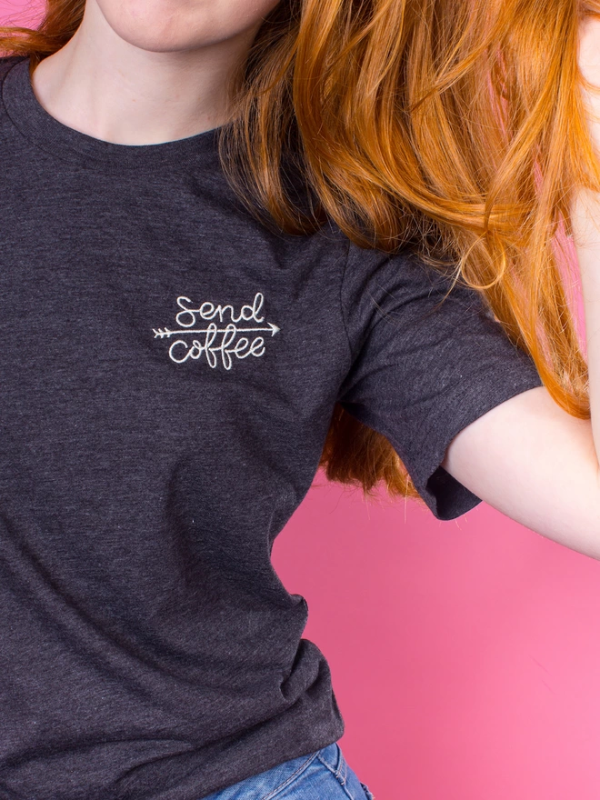 Send coffee hand embroidered t-shirt