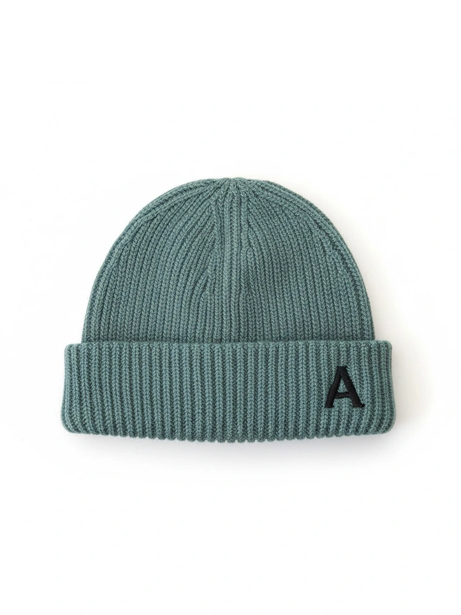 Personalised Embroidered Letter Beanie in Marina Green