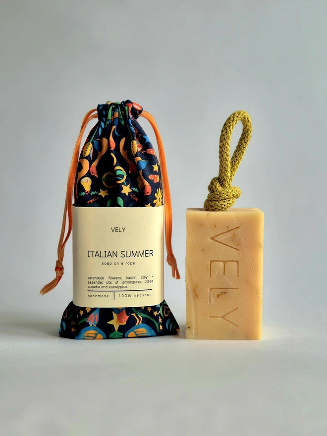 Natural Soap On A Rope "Italian Summer" in Festive Liberty Bag