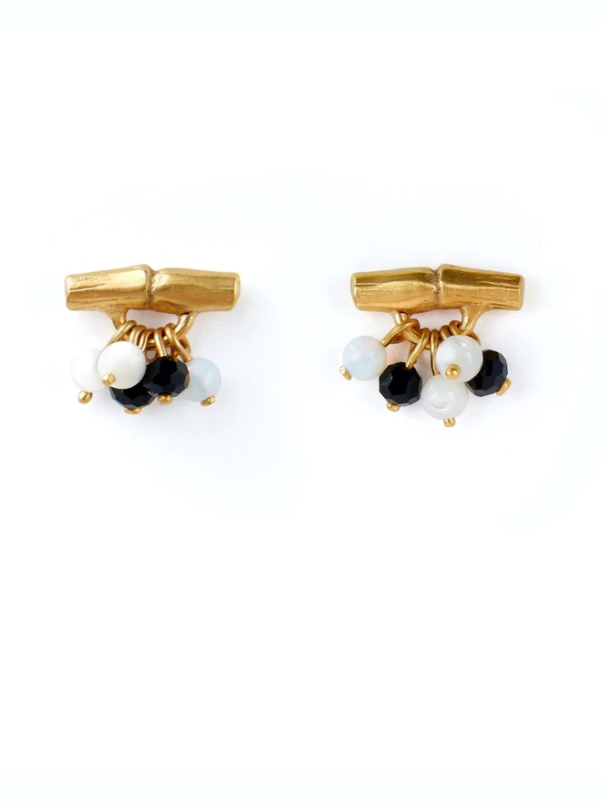 bamboo bauble stud earrings in gold vermeil with black & white beads