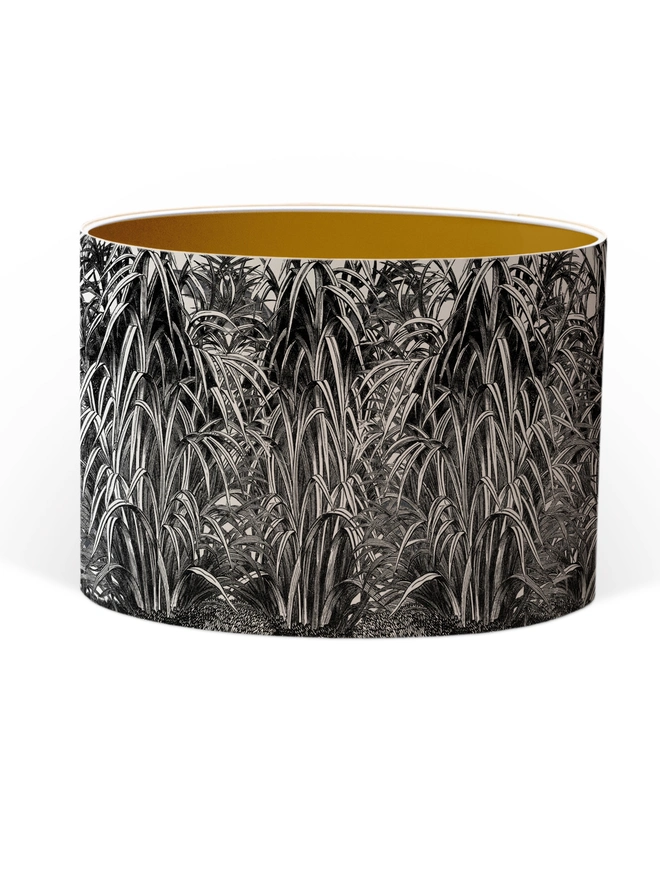 A decorative lampshade featuring an elegant tiger moving through tall tropical grasses, inspired by Henri Rousseau’s jungle paintings, with a rich botanical design.