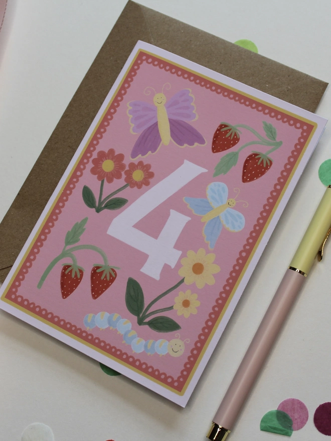 pink 4th birthday card with butterfly and floral illustrations 