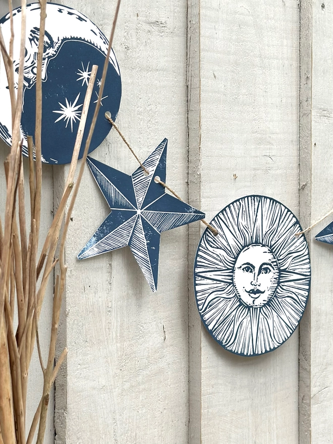 Mystical Moon, Stars & Sun Hand Printed Linocut Garland